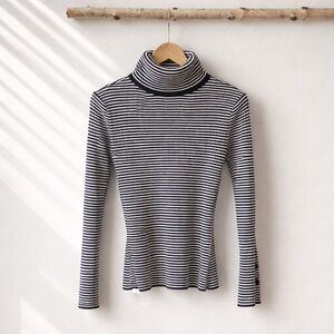 Anthropologie Black and White Striped Button-SleeveTurtleneck Sweater Size S